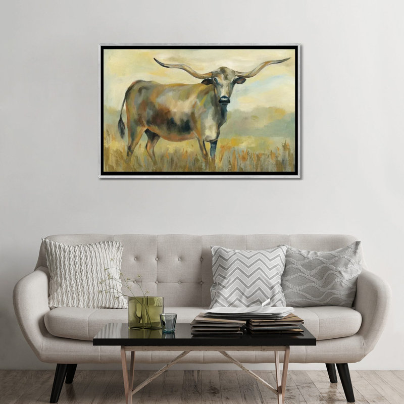 «Longhorn Cow» par Silvia Vassileva - reproduction d'art, Pas de tapis, H 32 po x l 48 po x 1,5 po, Silver Framed