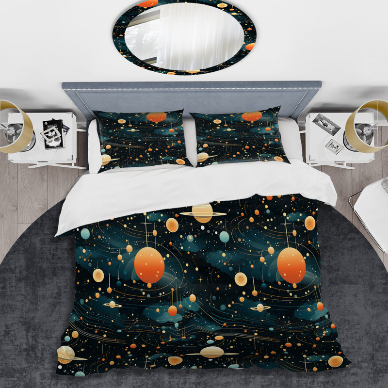 Ensemble de housse de couette orange et bleu Science Fiction Spots, Housse de couette pour grand lit et 2 taies décor