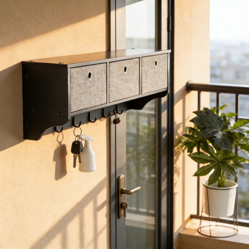 Unité de rangement murale avec tablette et crochets, portemanteau avec 3 paniers en tissu et 5 crochets pour le couloir, la cuisine ou la salle de bain