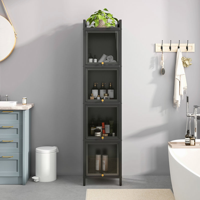 Modern Four-Tier Glass Door Cabinet With Featuring Five-Tier Storage, For Entryway Living Room Bathroom Dining Room, Black