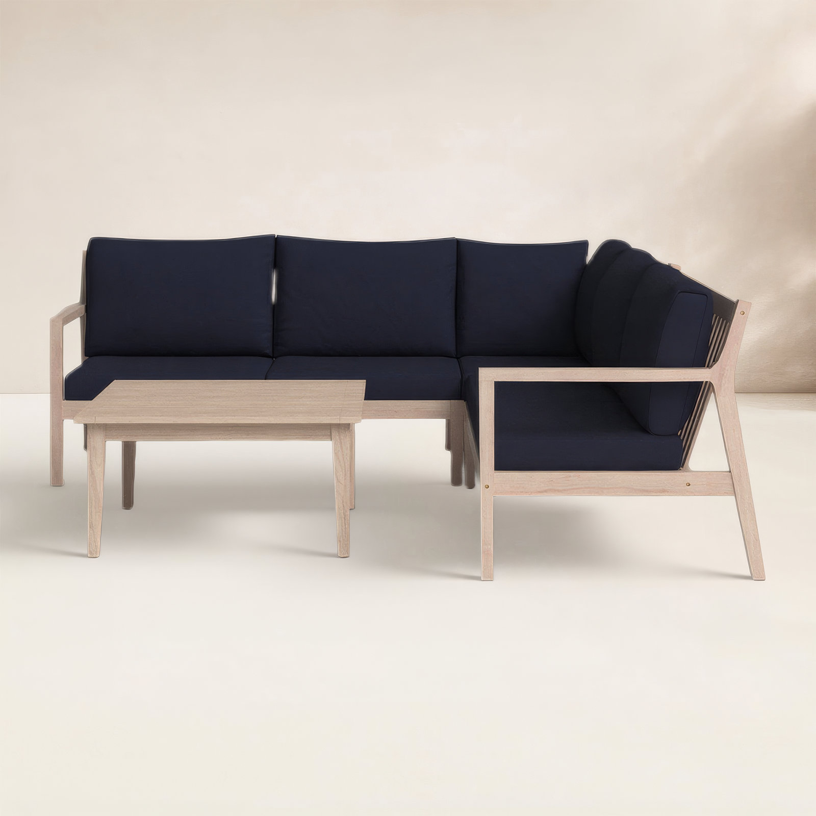 Amina 54" Outdoor Acacia Symmetrical Sectional Seating Group, Navy Performance Olefin