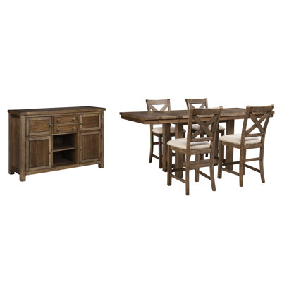 Moriville Counter Height Dining Table, 4 Barstools and Server