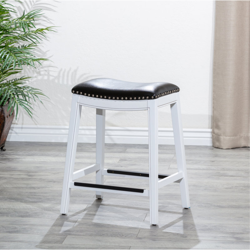 Tabouret de comptoir 24 po, finition blanche, siège en cuir noir, Siège noir / cadre blanc