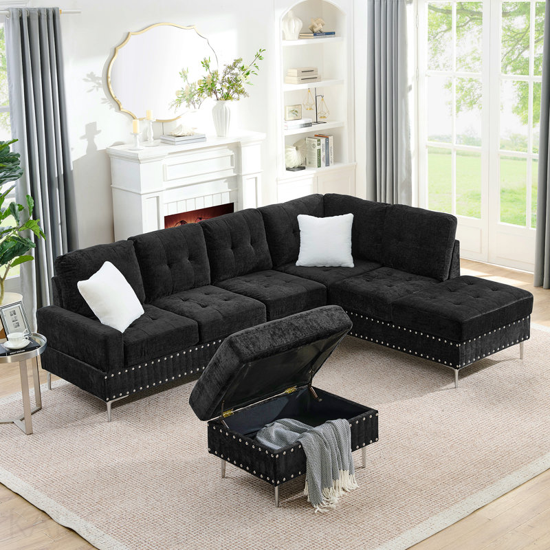 Canapé modulaire 3 places avec méridienne, repose-pieds avec rangement, pieds en métal et clous en cuivre, deux coussins blancs