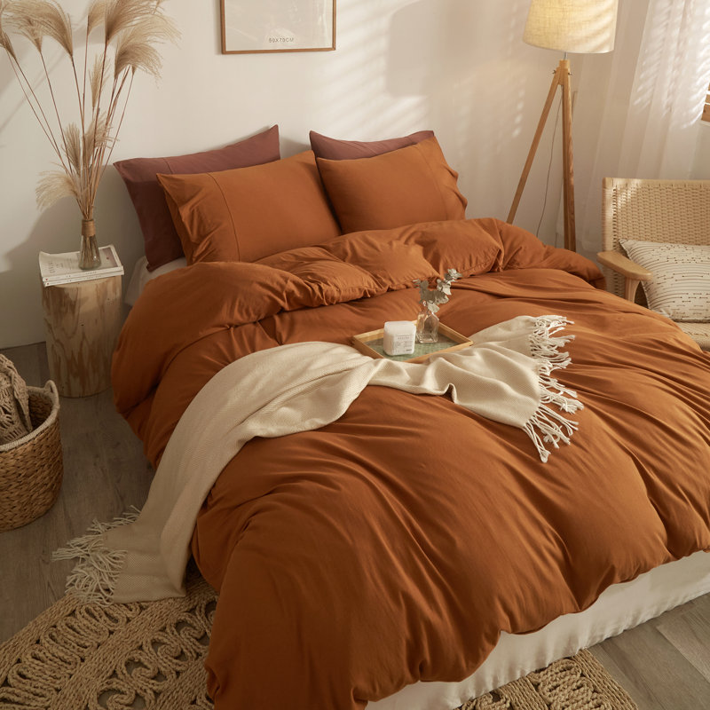 Ensemble de housse de couette 100% coton VCLIFE, Housse de couette grand et 2 taies d'oreiller stan, Orange brûlé