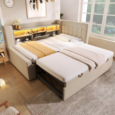 Upholstered Linen Daybed with Trundle Bed