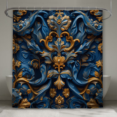 Rideaux de douche très longs à motif baroque bleu et or
