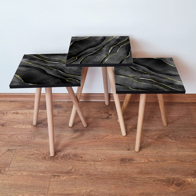 Ensemble de 3 tables gigognes modernes - noir, gris et or, 13,8 po x 20,5 po x 13,8 po | 100% panneau de fibres à densité moyenne avec pieds en bois de hêtre | Design élégant en marbre, polyvalent pour le salon et le bureau, peu encombrant et élégant