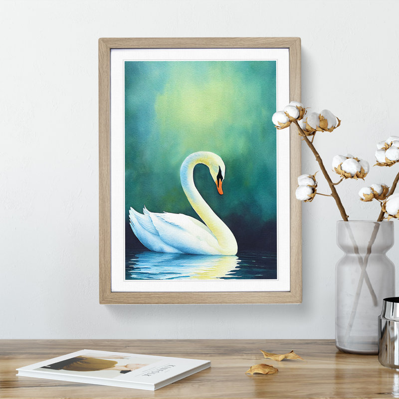 Watercolour Swan - Single Picture Frame Painting, 34cm H x 25cm W x 2cm D, Oak
