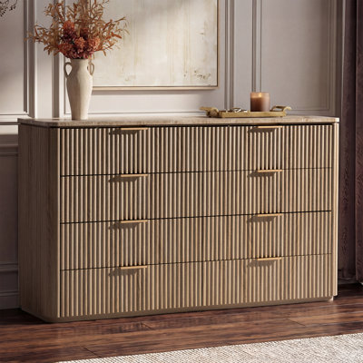 Ensemble de chambre à coucher 3 pièces cannelé, commode 8 tiroirs et 2 tables de chevet, panneaux de 5 cm d'épaisseur et plateau en faux marbre, chêne