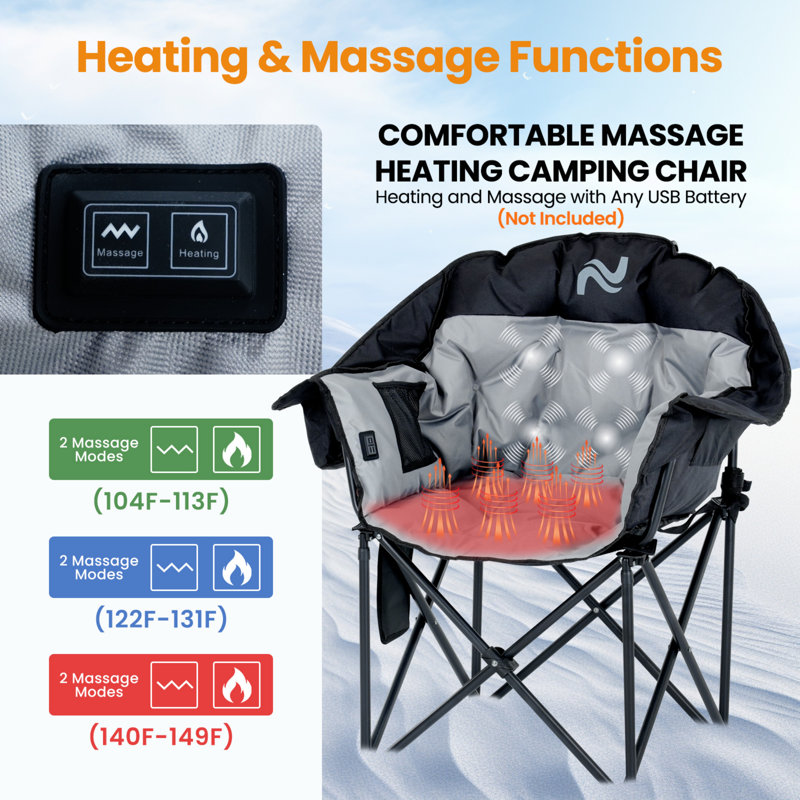 Fauteuil de camping chauffé surdimensionné, 3 réglages de chaleur et massage, Noir/gris