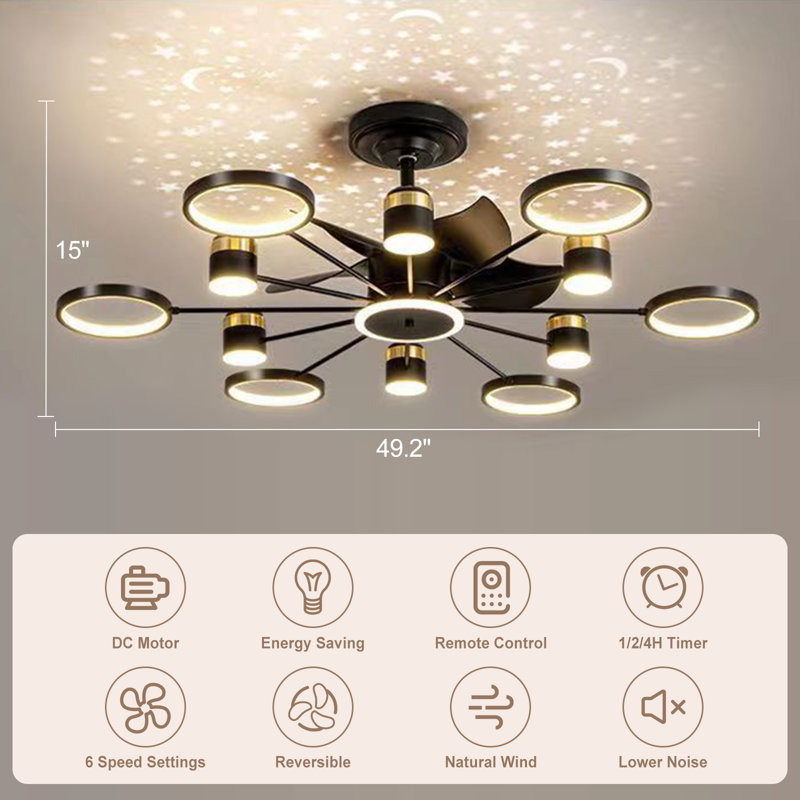 49.2" LED Dimmable Ceiling Fan with Light and Remote with Starry Sky, Black