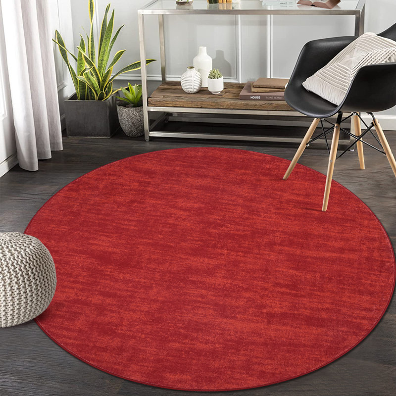 Ellicia Solid Color Polyester Area Rug in Red/Orange, Round 4'