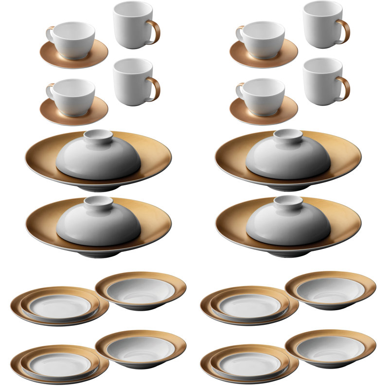 Piece Porcelain China Dinnerware Set - Service for 4, White/Gold
