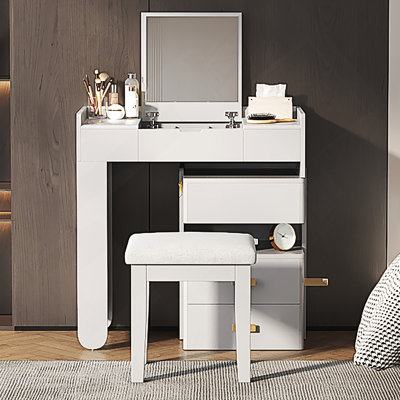 3-In-1 Makeup Vanity Desk With Flip-Top Mirror, LED Lighting, Adjustable Length & Ample Drawers - Stylish Multi-Functional Dressing Table For Home, White