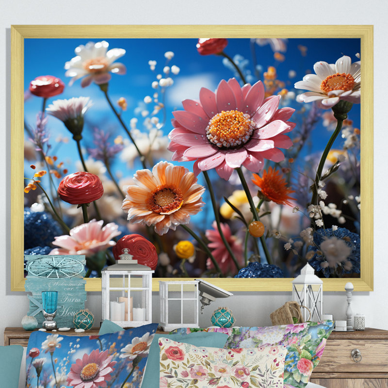«Atzel Whimsical Wildflowers in Blue Sky», reproduction, H 16 po x l 32 po x P 1 po, Cadre doré simple