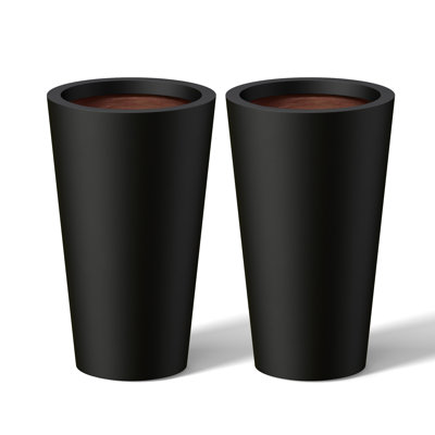 8 In. Medium Charcoal Black(Premium Inner) Concrete Round Planter / Pot With Drainage Holes (Set Of 2)