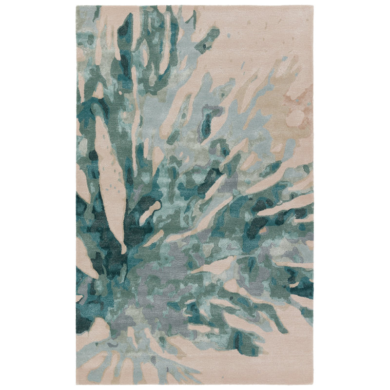 Tapis bleu sarcelle et crème imprimé à la main Maddux (8 pi x 10 pi), Rectangulaire 8 pi x 10 pi