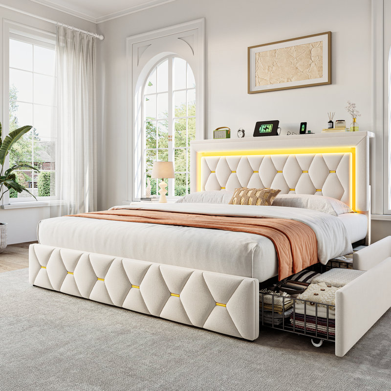 Lit tapissier avec 4 tiroirs de rangement, tête de lit réglable, lumières DEL et station de charge, Double, Beige