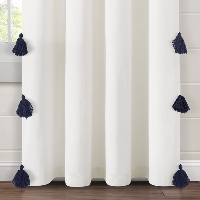 Lush Decor Boho Faux Linen Texture Tassel Semi-Sheer Single Curtain Panel, White/Navy