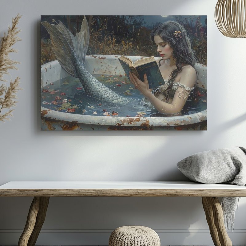 Moonlit Mermaid Reading Canvasserene Fantasy Bathaign Canvas, art mural, H 16 po x l 20 po