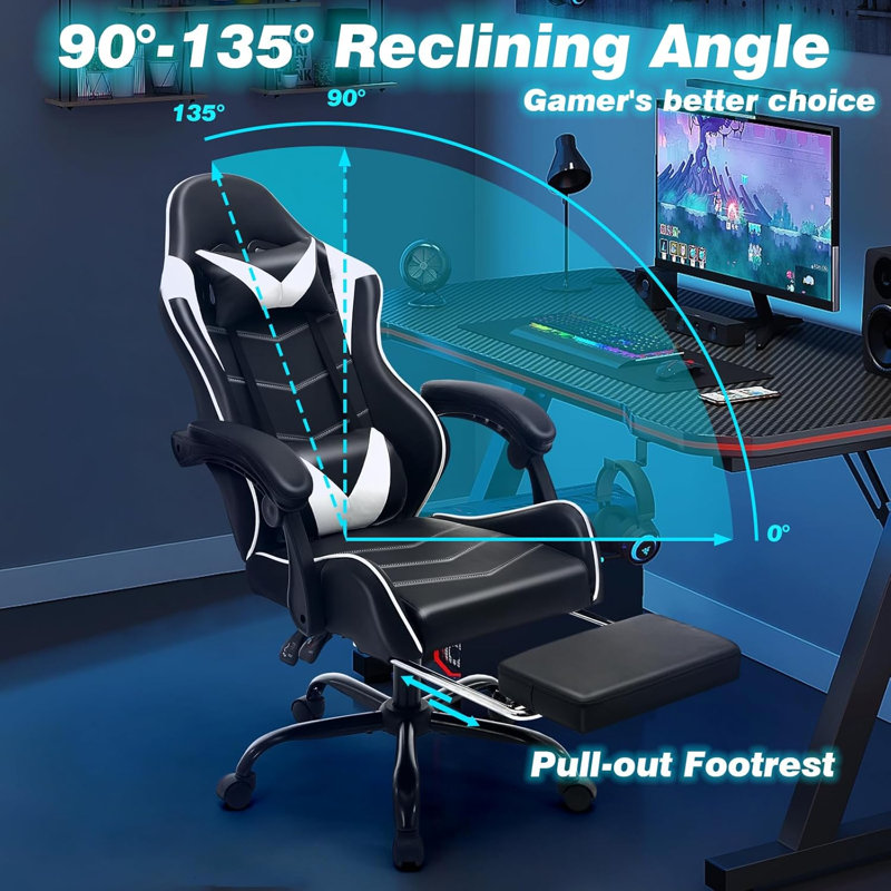 Easily Assembled Gaming Chair with Comfortable Reclining Backseat and Lumbar Support Massager, White