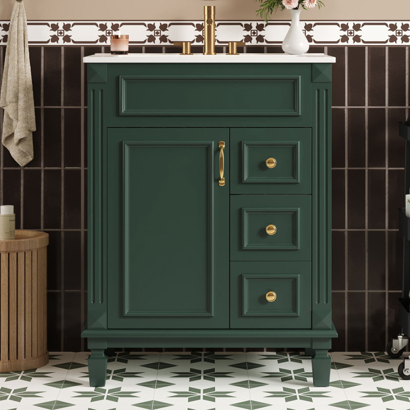 Meuble-lavabo 24 po avec lavabo en céramique et armoire de rangement, Vert/doré