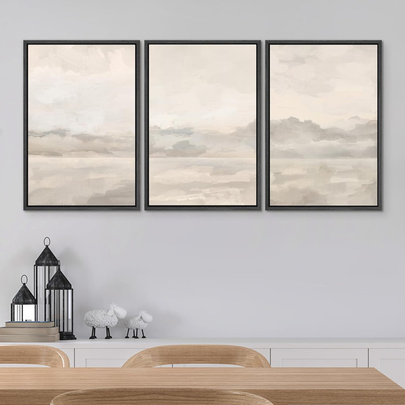 «Pastel Watercolor Cloudy Sky Grey Abstract Landscape», reproduction de tableau encadrée sur toile 3 pièces