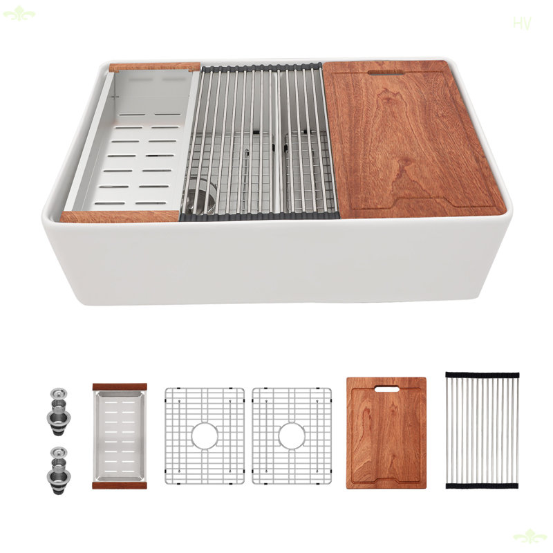 Station de travail Farmhouse Sink - Évier de cuisine à double cuve en céramique blanche 33 pouces