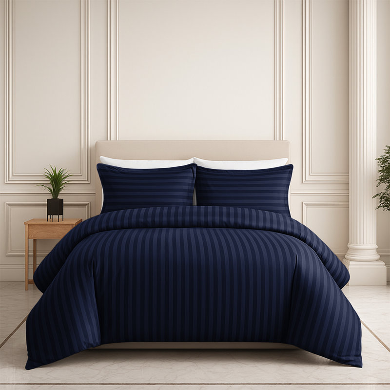 Microfiber Striped Duvet Cover Set with Pillowcases, Super King Duvet Cover Set + 2 Pillowcases, Navy