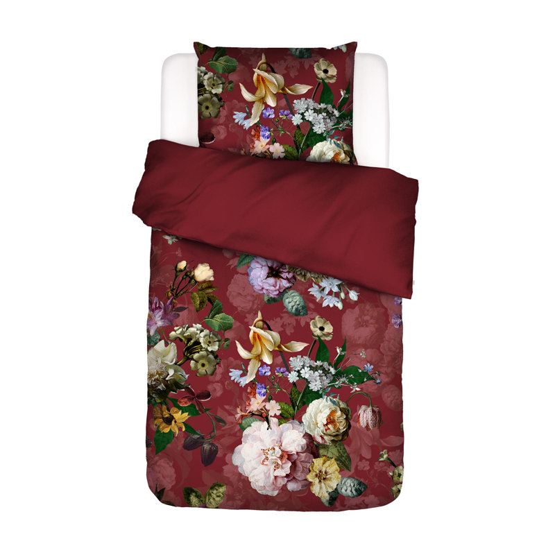 Cotton Floral Duvet Cover with Pillowcases, Red