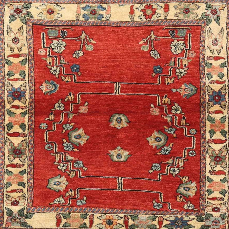 Tapis traditionnel rouge / beige, Carré 4 pi
