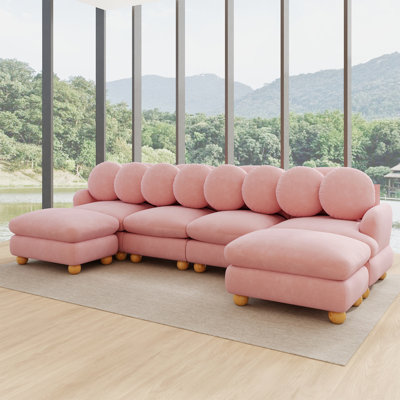 Canapé moderne en forme de U de 312 cm (123 pouces), en chenille, 4 places avec assise profonde et 2 poufs amovibles, rose
