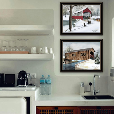 2 Winter Covered Bridges Wall Art Print For Bedroom - Living Room & Home, Multicolor Wood+Paper, 17.56" X 0.98" 14.1", 5.05 Lb Black Framed By Wood+Paper Decor, 17.56X0.98X14.1 In.,
