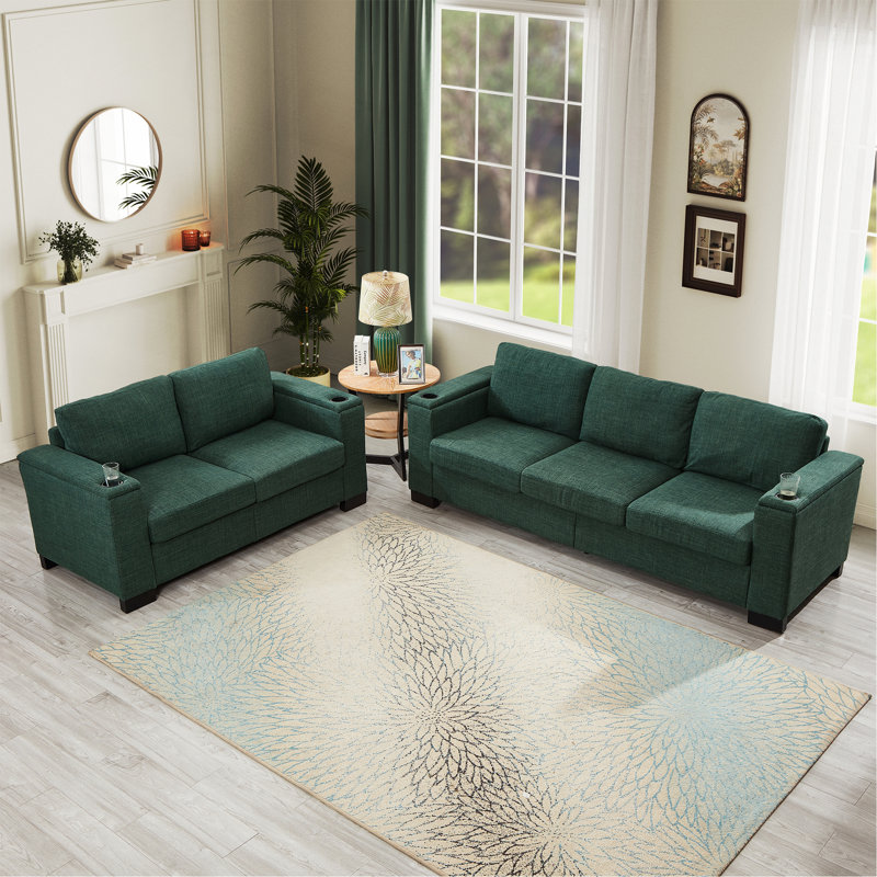 Two Pieces 2+3 Seater Sofa Modern Style Living Room Sofa Fabric Couch,Square Arm Sofa With Cup Holder,Storage Sofa,Upholstered Polyester