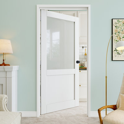 32" x 80" Half-Lite Frosted Glass Interior Prehung Door with Round Knob and Silver Hinges, Privacy Glass Door Slab, Paintable & Waterproof, Suit for Laundry, Closet Doors, Room Doors, Left Hand