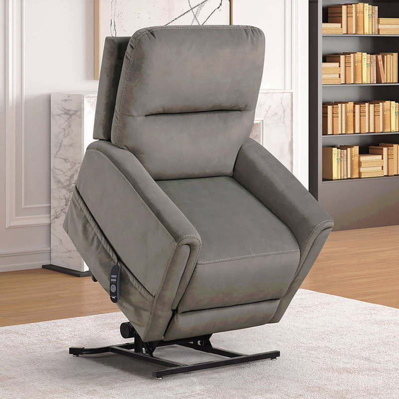 Fauteuil inclinable gris contemporain à mécanisme de levage en acier massif, port USB, accoudoirs évasés, contrôleur câblé