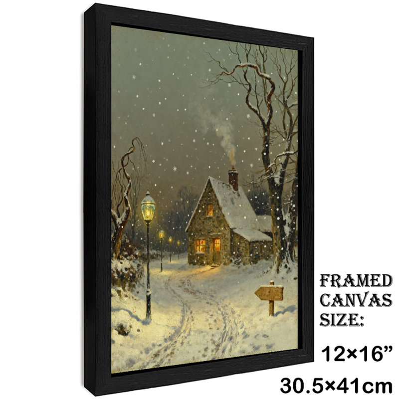 Aquarelle encadrée noire, village de Noël avec arbres enneigés, impressions de style rétro, H 17 po x l 13 po