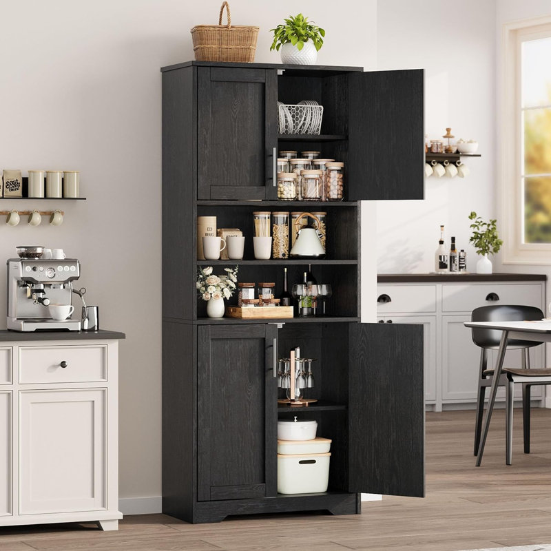 Multifunctional 67" Storage Cabinet with 4 Doors & Adjustable Shelves for Kitchen, Pantry, Living Room, Black