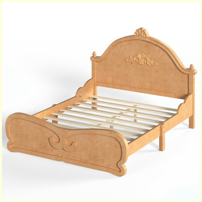 Full Vintage Carved Platform Bed with Headboard, Solid Wood Frame, Slatted Support, Natural Wood, No Box Spring Needed, Kids Teens Bed