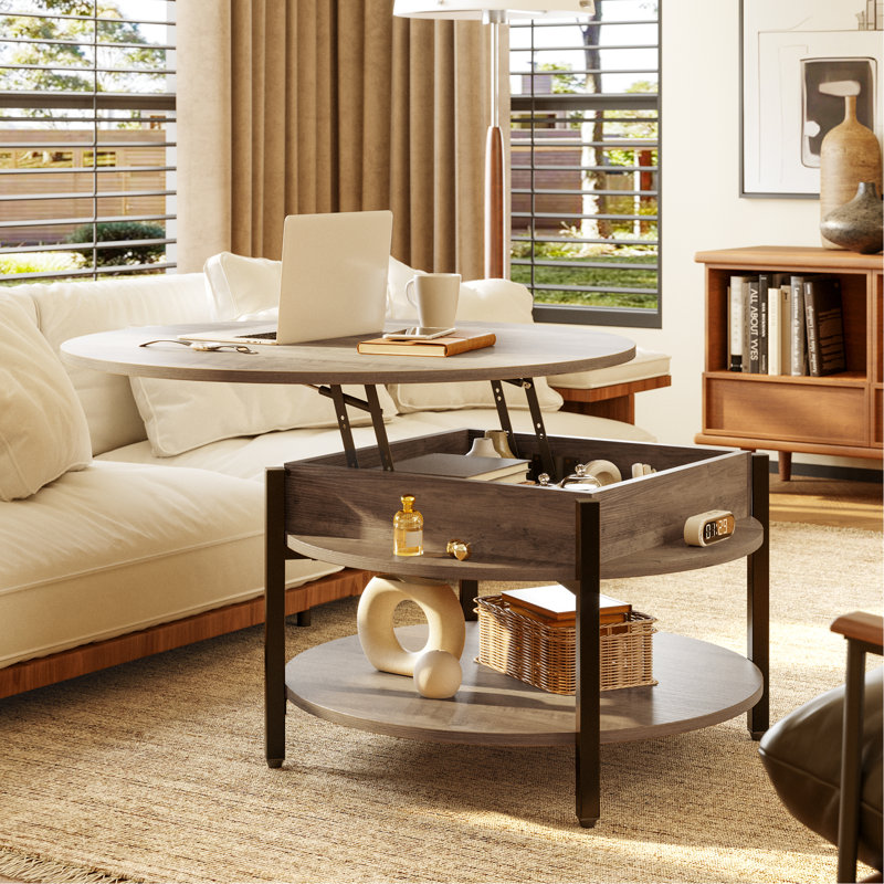 Wynny 27"W Round Lift-Top Wood Coffee Table with Storage, Knotty Oak
