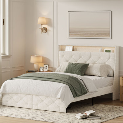 King Size Teddy Boucle Upholstered Platform Bed with 2 Drawers, Tufted Wingback Headboard & LED Lighting