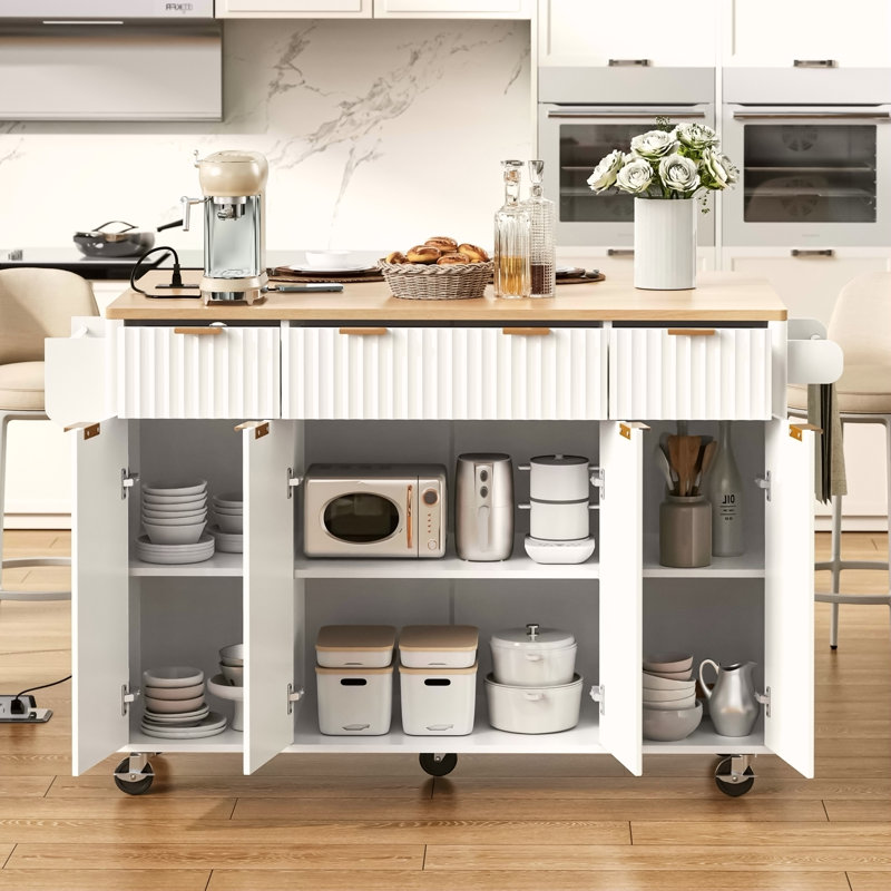 Fluted Kitchen Island With Storage, 55.5" Kitchen Island With Drop Leaf, Power Outlet, 4 Doors And 3 Drawers, Rolling Island Table With Wood-Grain Top, Curved Edge For Kitchen,Dining Room