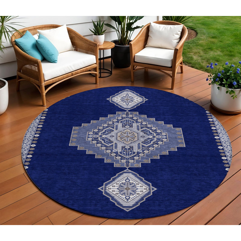 Tapis rond lavable intérieur / extérieur bleu marine 8 pi