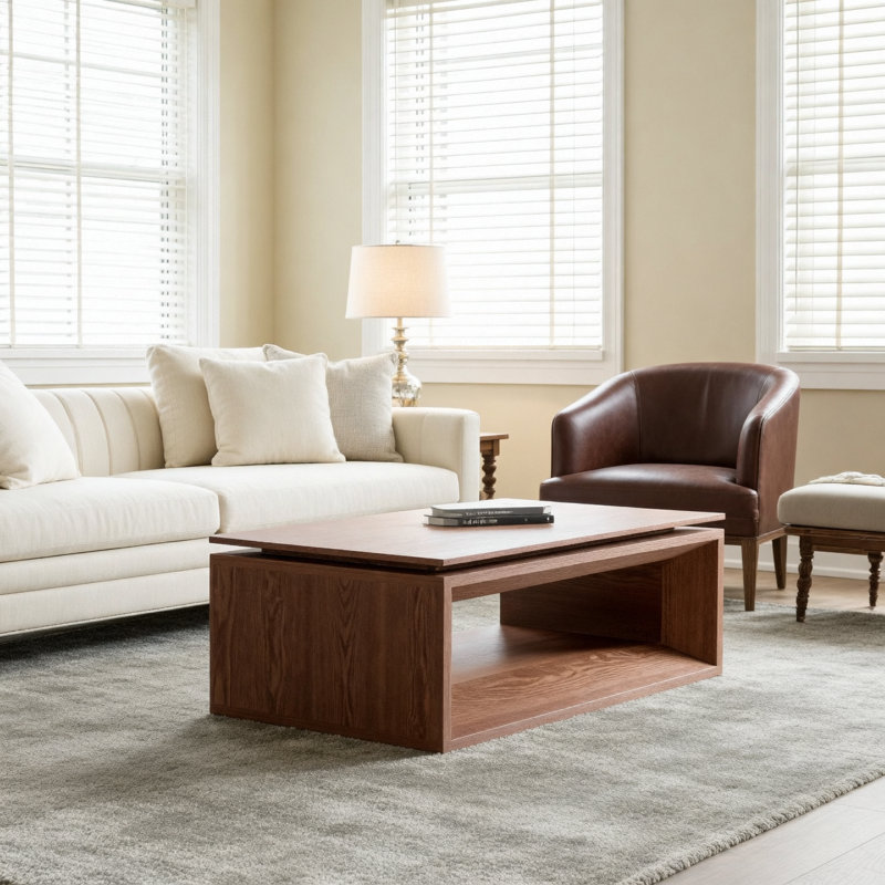 43.3'' Lift-top Coffee Table Solid Wood Veneered Modern Coffee Table Accent Tea Table with Storage and Adjustable Height for Living Room, Bedroom, Apartment or Office, Walnut