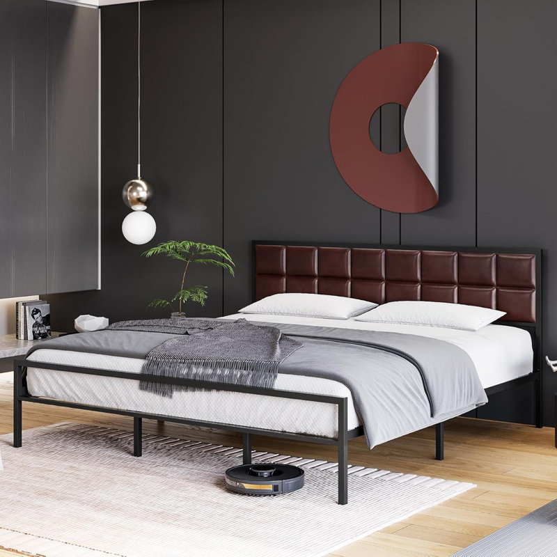 Lit double en faux cuir - Point carré, brun rouge, métal, Double