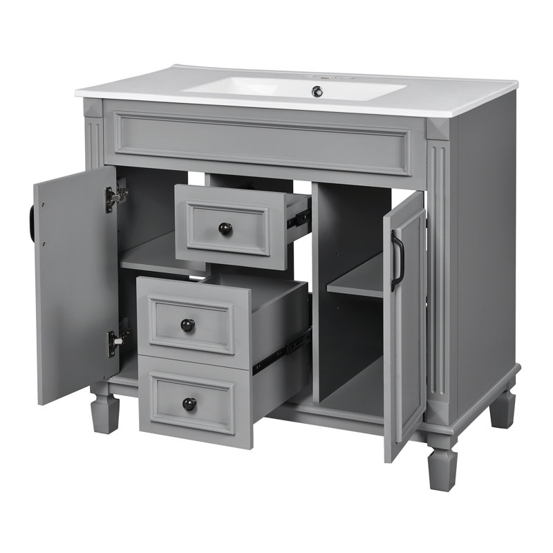 Meuble-lavabo 36 po avec lavabo supérieur, armoire de rangement moderne avec 2 portes à fermeture douce et 2 tiroirs, meuble-lavabo simple