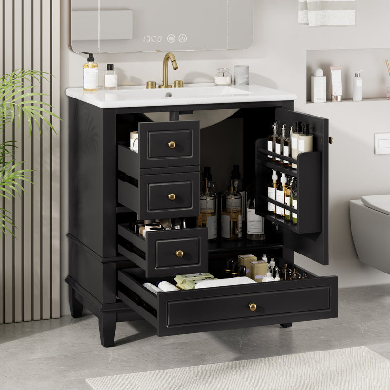 Meuble-lavabo avec lavabo, une porte avec tablette et trois tiroirs Vaimi, Noir