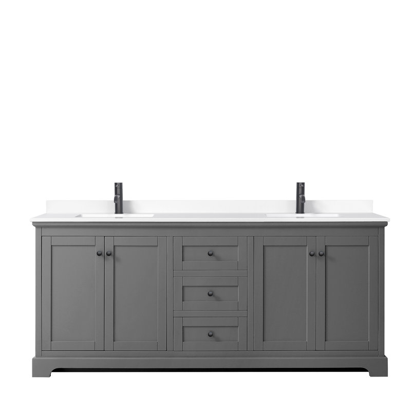 Ensemble de meuble-lavabo double 80 po Avery, Gris foncé, Marbre de culture blanc, Noir mat