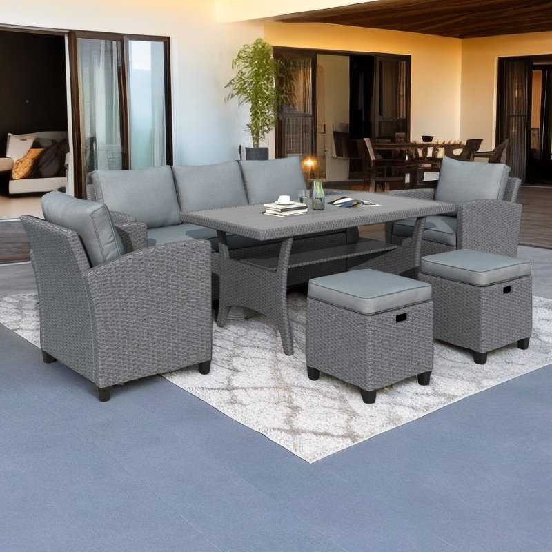 Ensemble de conversation d'extérieur pour 7 personnes avec coussins, Gris